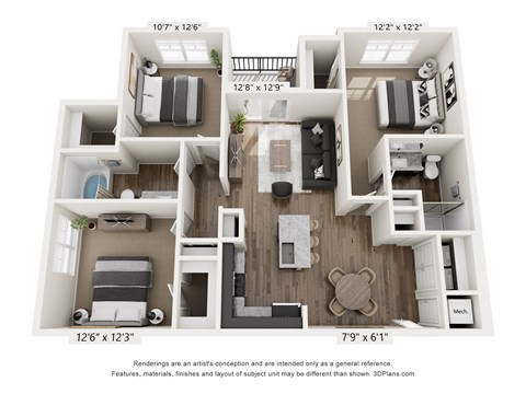 Floor plan for 3 beds, 2 baths, 1258 sqft